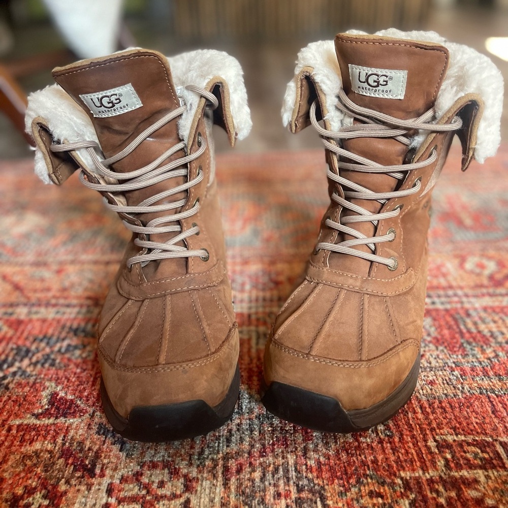 UGG Tan Lace-Up Boots with Shearling Trim